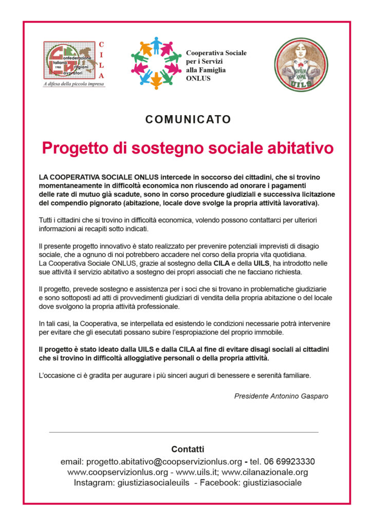 Comunicato - Progetto di sostegno sociale abitativo